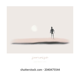 Simple Minimalist Abstract Vector Print. Abstract Sunrise with Delicate Rising Sun, Sandy Beach and Silhouette of Man a Light Beige Background. Creative Modern Art ideal for Poster, Card, Wall Art.