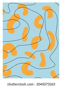Simple Minimalist Abstract Vector Print. Abstract Art Made of Yellow and Black Irregular Brush Spots and Line on a Blue Background. Creative Printable Hand Drawn Modern Art ideal for Poster, Wall Art.