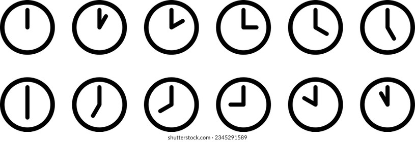 Simple Minimalist Analog Clock Symbol Icon Set Showing Every Hour. Vector Image.