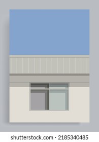 Fondo de la cubierta del vector de arquitectura minimalista simple. Ventana de una casa urbana japonesa con fondo de cielo azul. Edificios, Suburbio, Ciudad. Adecuado para carteles, portadas de libros, folletos, revistas, folletos.