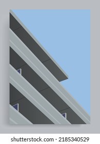 Simple Minimalist Architecture Vector Cover Background. Gray japanese apartment balcony. Buildings, houses, Suburb, City. Suitable for posters, book covers, brochures, magazines, flyers, booklets.