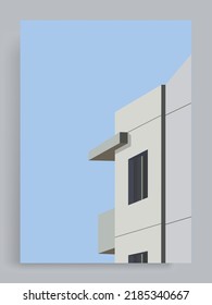 Fondo de la cubierta del vector de arquitectura minimalista simple. Balcón de la Casa Suburbana Japonesa. Edificios, casas, suburbio, ciudad. Adecuado para carteles, portadas de libros, folletos, revistas, folletos, folletos.