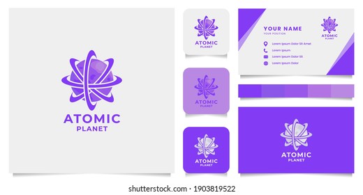 Simple and minimalist atom planet illustration logo with icon, color palette, and business card