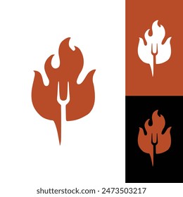 Simple minimalist Barbecue Logo design vector icon with fork burn by red flame 