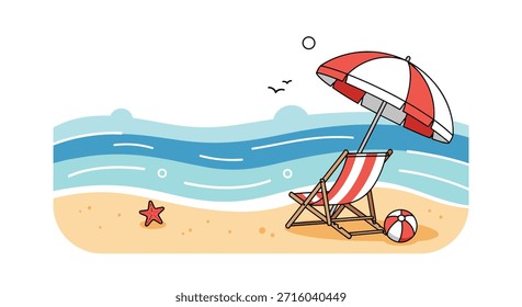 Simple minimalist beach landscape featuring red striped lounge chair and sun umbrella on sandy shore with ocean waves and clear bright sky.