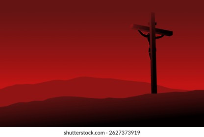 Série de ilustração vetorial bíblico minimalista simples em cores de tons vermelhos, vista de trás de Jesus na cruz vestindo uma coroa de espinhos