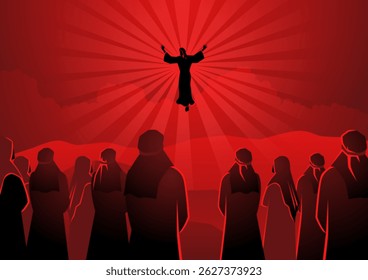 Simple minimalist biblical vector illustration series in red tone colors, The ascension of Jesus