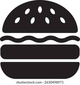 Un sencillo y minimalista icono de hamburguesa en blanco y negro se presenta en un estilo de glifo plano. Este versátil gráfico de Vector presenta una silueta de hamburguesa clásica