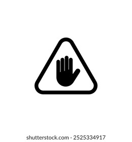 A simple, minimalist black and white icon featuring a stylized hand symbol enclosed within a triangular warning sign, conveying a sense of caution, restriction, and the need to stop or cease an action