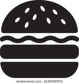 Uma ilustração vetor preto e branco simples e minimalista retrata um hambúrguer clássico com sementes de gergelim. 