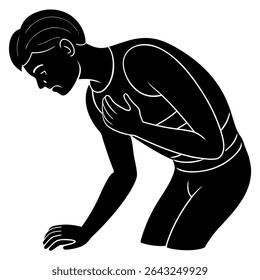 A simple, minimalist black and white vector illustration depicts a person experiencing the symptoms of chest pain or a heart attack.