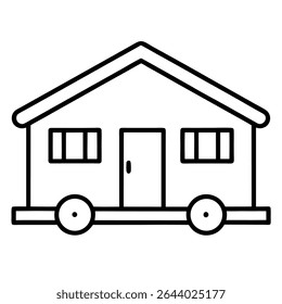 Uma ilustração vetor simples e minimalista em preto e branco retrata uma caravana clássica, também conhecida como campista ou casa móvel, sobre rodas. Este limpo, desenho de arte de linha apresenta um RV icônico
