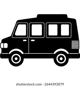 Uma ilustração vetor simples, minimalista em preto e branco retrata uma van de passageiros, perfeita para projetos temáticos de transporte.
