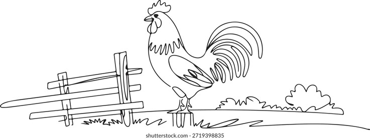 Uma ilustração vetor simples, minimalista, preto e branco de um galo que se ergue orgulhosamente em uma cerca de madeira, representando a vida agrícola e a agricultura.