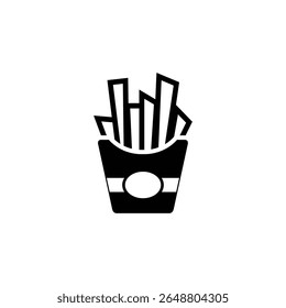 A simple and minimalist black-and-white icon of french fries in a box. Perfect for use in fast food branding, restaurant menus, food delivery apps, or graphic design projects. The clean vector style m