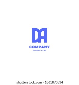 Simple and minimalist blue overlapping rounded letter DA monogram logo with shadow