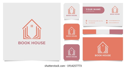 Simple and minimalist book house logo, with business card, icon, and color palette