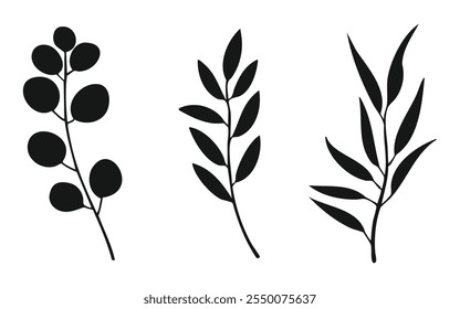 Simple, minimalist botanical illustrations featuring three distinct leaf arrangements in black silhouettes against a white backdrop.