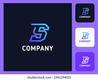 Simple and minimalist bright gradient and colorful outline letter S monogram initial logo in dark background with three icons