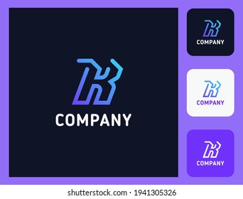 Simple and minimalist bright gradient and colorful outline letter K monogram initial logo in dark background with three icons