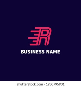 Simple and minimalist bright pink letter R speed monogram initial logo in dark blue background