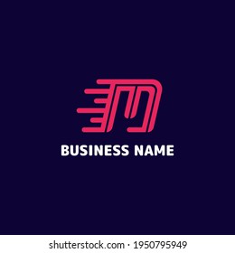 Simple and minimalist bright pink letter M speed monogram initial logo in dark blue background