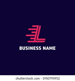 Simple and minimalist bright pink letter L speed monogram initial logo in dark blue background