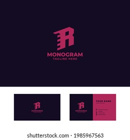 Simple and Minimalist Brigth Pink Speed and Arrow Letter R Monogram Initial Logo in Dark Background with Business Card Template