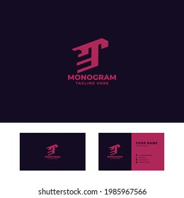 Simple and Minimalist Brigth Pink Speed and Arrow Letter T Monogram Initial Logo in Dark Background with Business Card Template