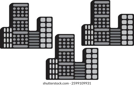 A simple, minimalist building icon, featuring a rectangular shape representing the structure's base. The building has clean lines, with multiple evenly spaced windows in a grid pattern,