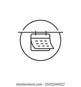 A simple, minimalist calendar icon featuring a stylized calendar page with small dots representing dates, hanging from two rings within a circle. Ideal for digital scheduling interfaces