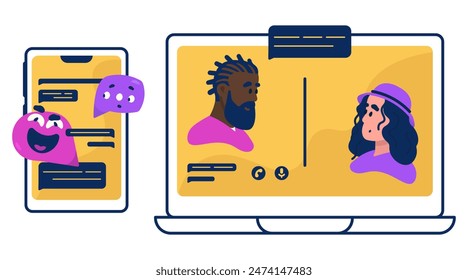 A simple, minimalist chat screen messaging interface on a phone. A laptop where video communication takes place between a boy and a girl.