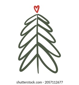 Simple garabato infantil dibujado a mano en un árbol de Navidad minimalista. Año Nuevo festivo, elemento de diseño de clip de vacaciones de invierno aislado en fondo blanco.