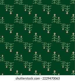Simple minimalist christmas trees decorated. Vector hand drawn doodle sketch drawing seamless pattern background. Diagonal holiday fir backdrop repeat for wrapping paper and web.Flat design.