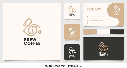 Simple and minimalist coffee bean on coffee pot logo, with business card, icon, and color palette