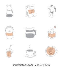 Simple Minimalist Coffee Theme One Line Continuous Drawing. Manual Filter, Package, Moka Pot, Paper Cup, Glass Jar, Manual Grinder, Iced, Espresso, Latte. Editable Line. Adjustable Stroke Width.