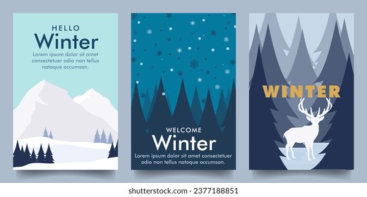 simple minimalist cold winter vector design illustration background with snow mountain, forest and deer theme design. for banner, poster, social media, promotion