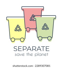 Simple minimalist colored trash containers icon on a white background. Separate waste collection sign