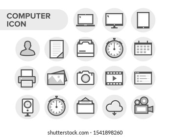 Simple minimalist computer icon set. Computer device technology notification icon. Professional technology sign graphic element in rounded background.