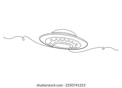 Simple minimalist continuous illustration of alien spaceship. Single line drawing of UFO. 