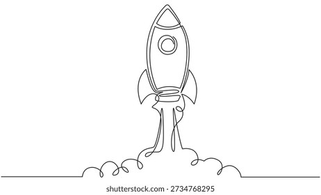 Dibujo lineal simple y minimalista de un lanzamiento de cohete, que simboliza los viajes espaciales, la innovación y los nuevos comienzos.