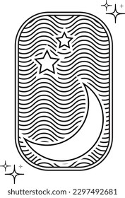 Simple and Minimalist Curved Lines with Star and Moon combining with Stroke and zig zag line for clothing in Black color, also for Hat, Poster, catalog, banner, and other design