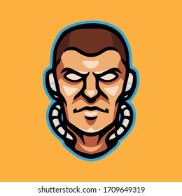 Simple and Minimalist cyberpunk robotic techno head logo design vector template