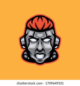 Simple and Minimalist cyberpunk robotic techno head logo design vector template