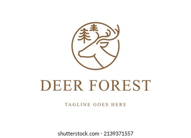 Simple Minimalist Deer Head with Pine Evergreen Conifer Cedar Fir Larch Tree Forest for Outdoor Adventure Logo Design Vector