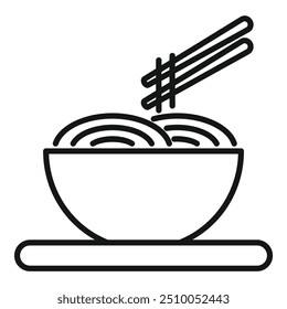 Simple and minimalist depiction of a bowl of noodles with chopsticks picking up some noodles, ideal for representing asian cuisine