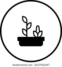 Simple minimalist design: Plant growing from a flowerpot icon within circle