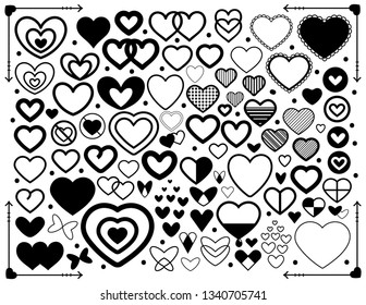 Simple Minimalist Doodle Heart Set Valentine Borders and Silhouettes