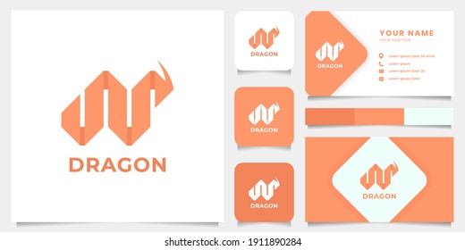 Simple and minimalist dragon origami with business card, icon, and color palette