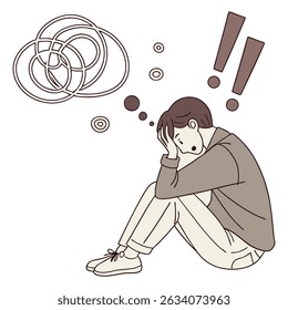 A simple, minimalist drawing of a man sitting on the ground with his head in his hands, looking worried. He has short brown hair and is wearing a light brown jacket, white pants, and white shoes.
